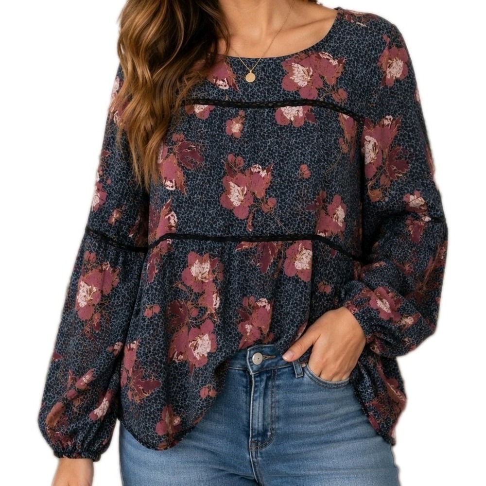 Knox Rose Womens M Floral Boho Peasant Blouse Rustic Colors Long Flowy Sleeves